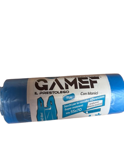 Gamef Sacchi per la Differenziata 55x70 Con Manici Azzurra 15pz Profumata Brezza Marina