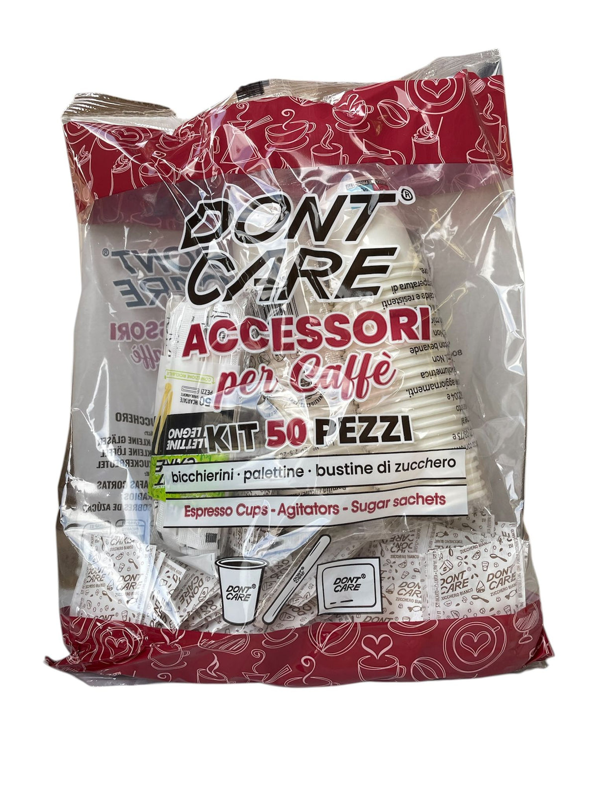 Kit accessori per caffè nx50 bicchieri x50 palette x50 bustine di zucchero